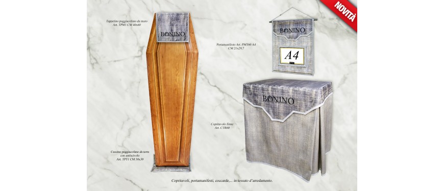 Arredi funebri Copritavoli firme CTR60, portamanifesti PMT60, tappetini 0159