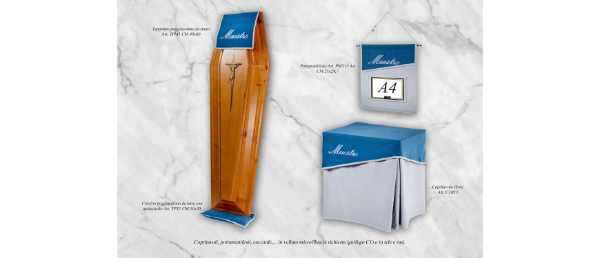 Arredi funebri Copritavoli firme CTR15, portamanifesti PMT15, coccarde, tappetini 0175